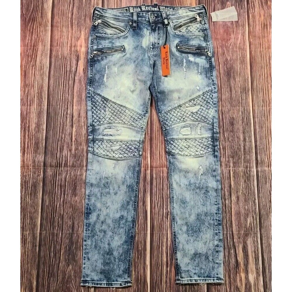Rock Revival Moto Jeans Mens 34/32 Gayle Distressed Denim Zipper Acid Wash S202